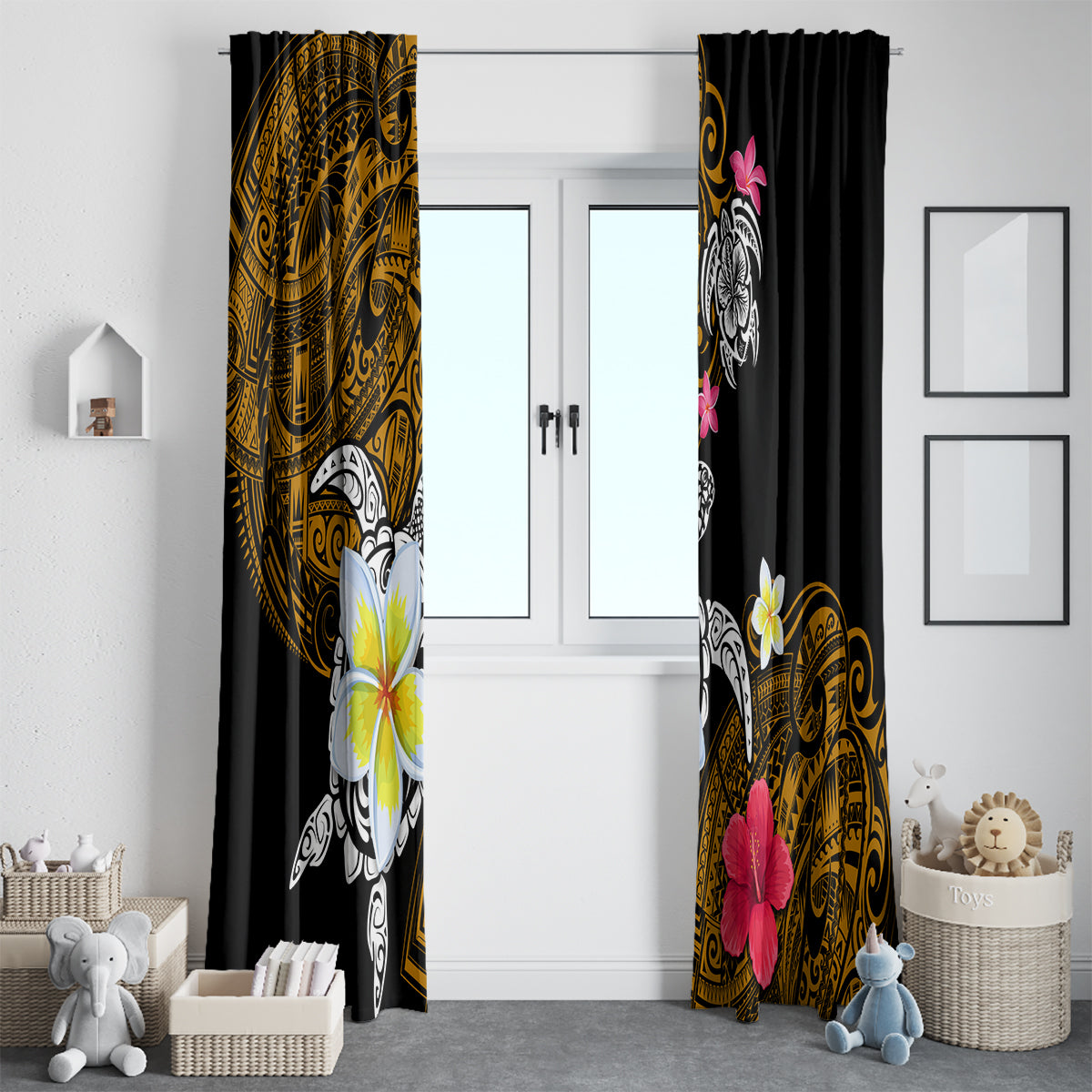 Hawaii Turtle and Tropical Flower Window Curtain Polynesian Pattern
