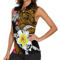 Hawaii Turtle and Tropical Flower Women Sleeveless Polo Shirt Polynesian Pattern