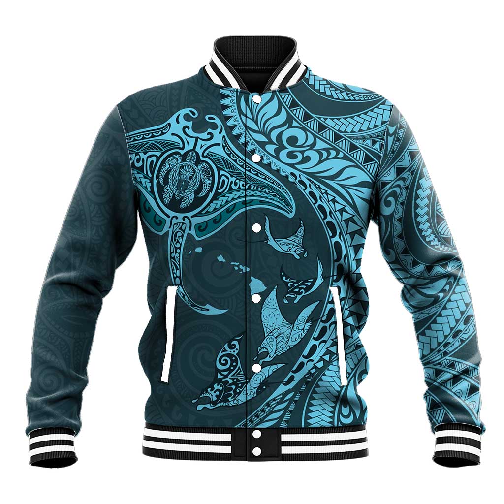 Hawaiian Manta Ray and Polynesian Tribal Tattoo Baseball Jacket Turquoise Color LT03 Unisex Turquoise - Polynesian Pride