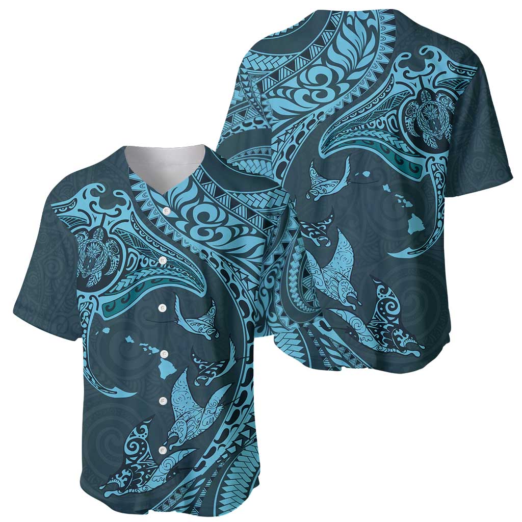 Hawaiian Manta Ray and Polynesian Tribal Tattoo Baseball Jersey Turquoise Color LT03 - Polynesian Pride