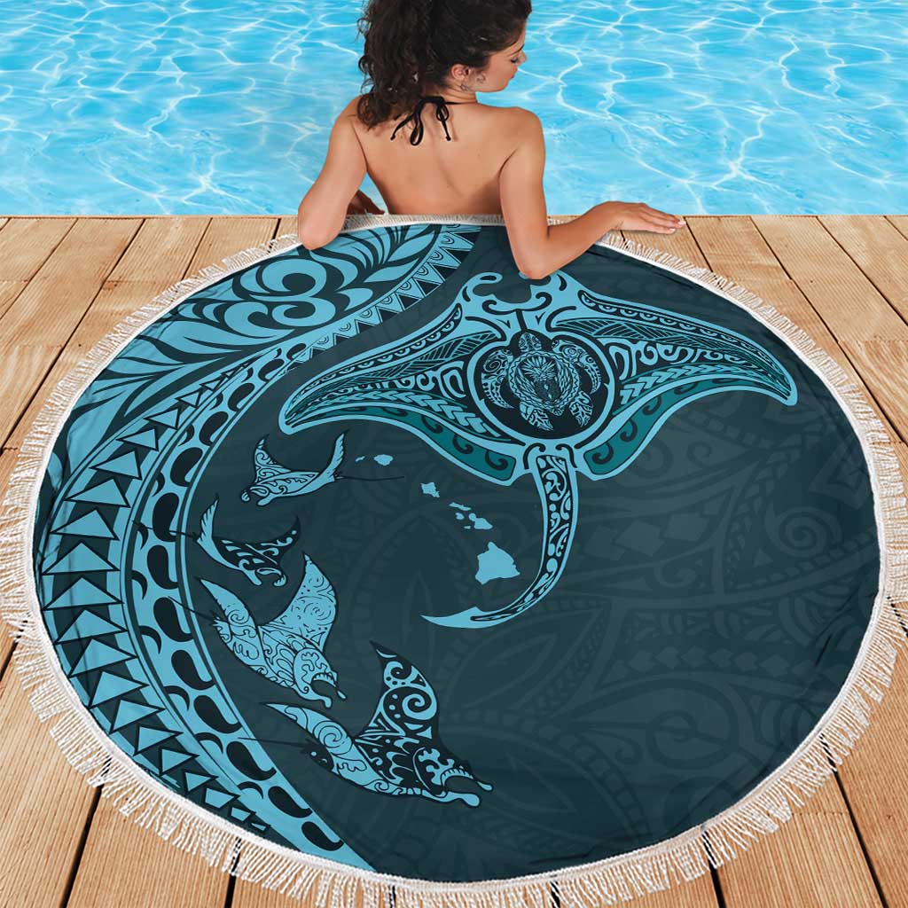 Hawaiian Manta Ray and Polynesian Tribal Tattoo Beach Blanket Turquoise Color LT03