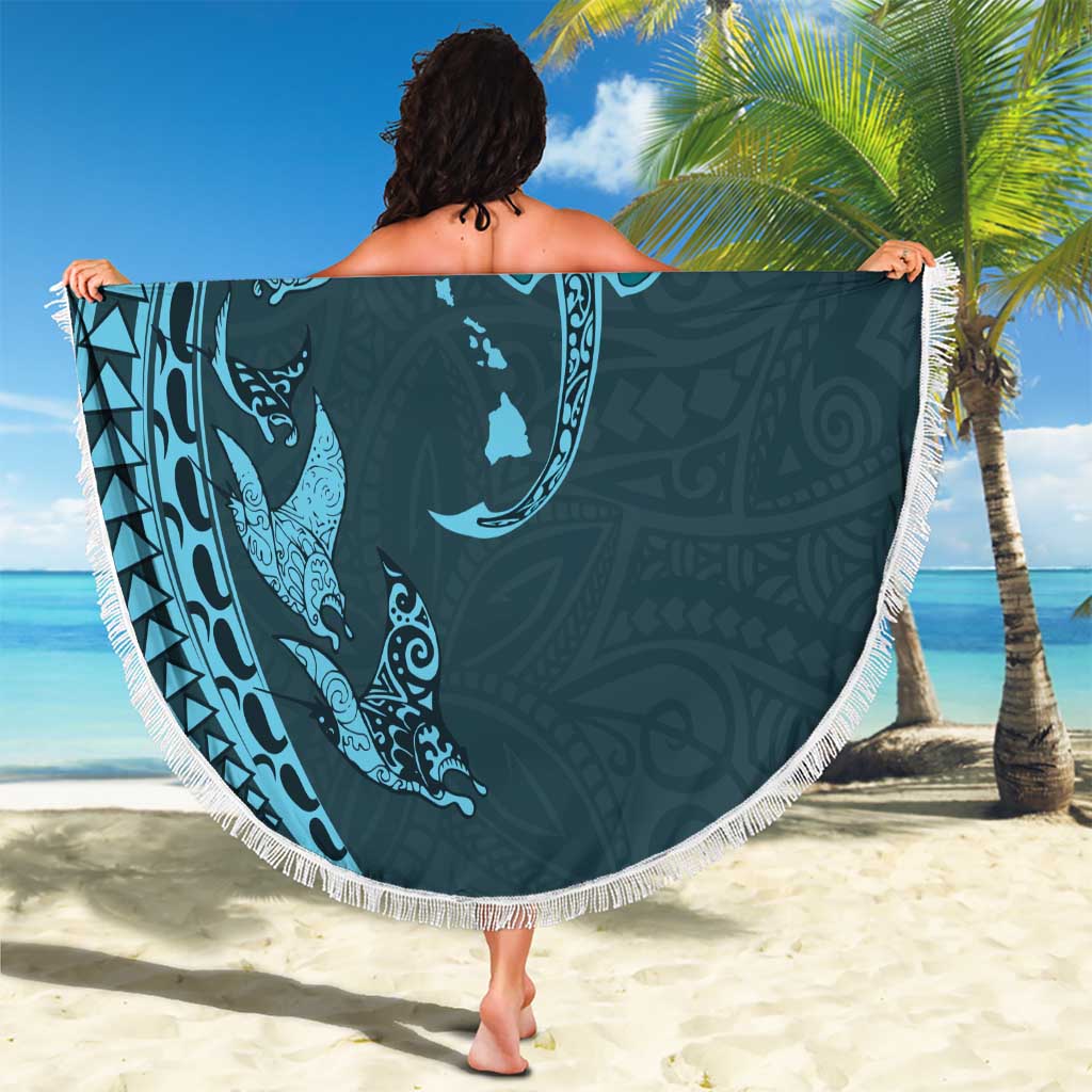Hawaiian Manta Ray and Polynesian Tribal Tattoo Beach Blanket Turquoise Color LT03