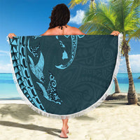 Hawaiian Manta Ray and Polynesian Tribal Tattoo Beach Blanket Turquoise Color LT03