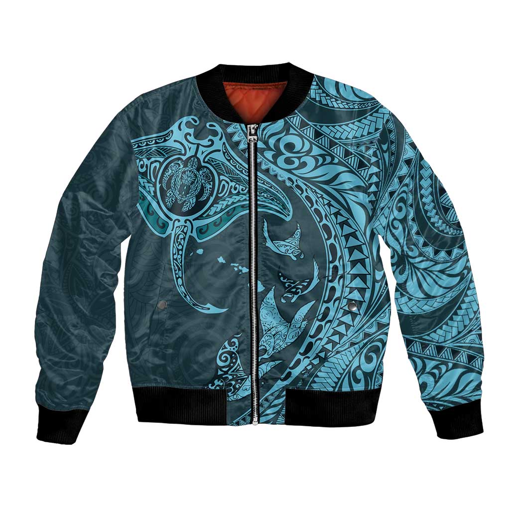 Hawaiian Manta Ray and Polynesian Tribal Tattoo Bomber Jacket Turquoise Color LT03