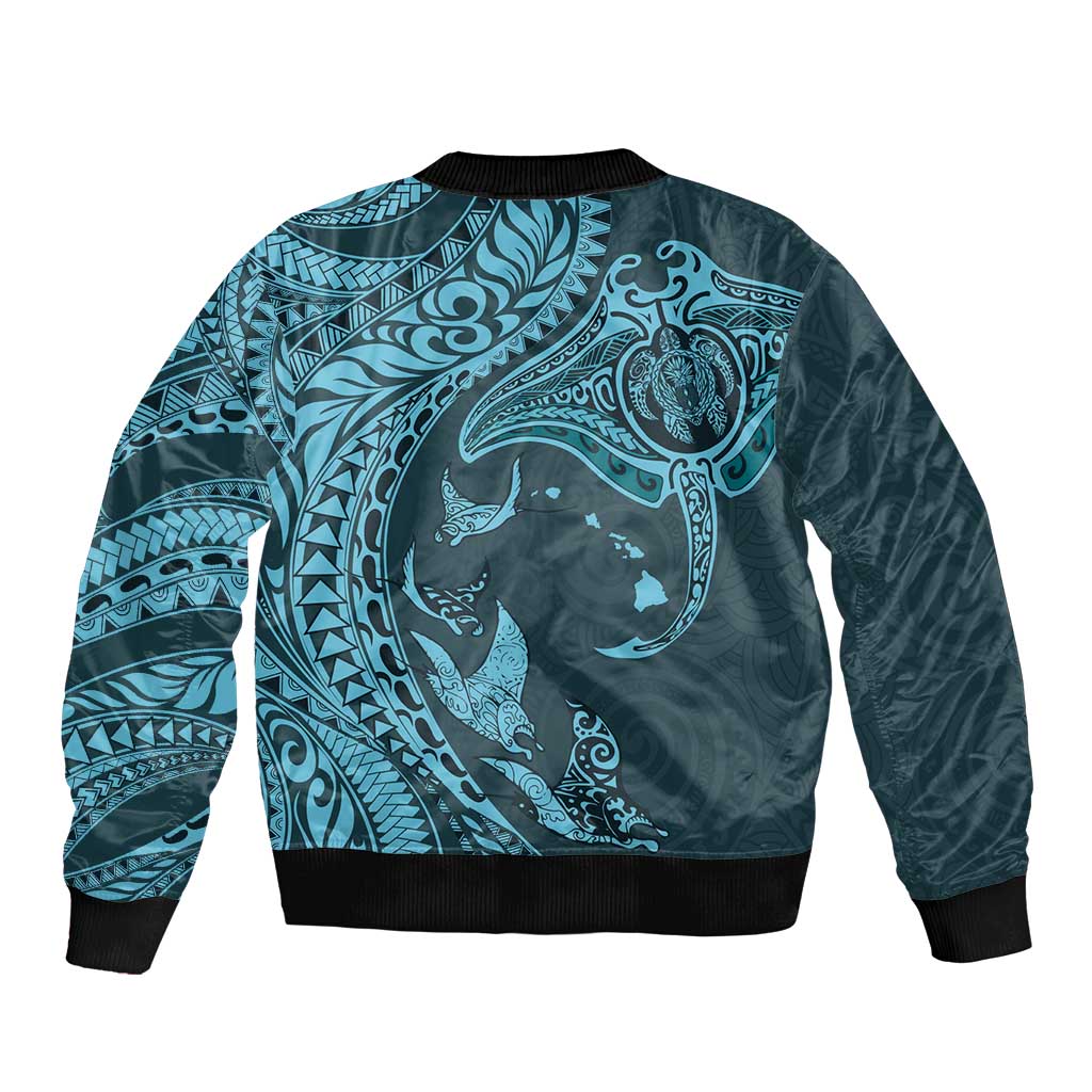 Hawaiian Manta Ray and Polynesian Tribal Tattoo Bomber Jacket Turquoise Color LT03