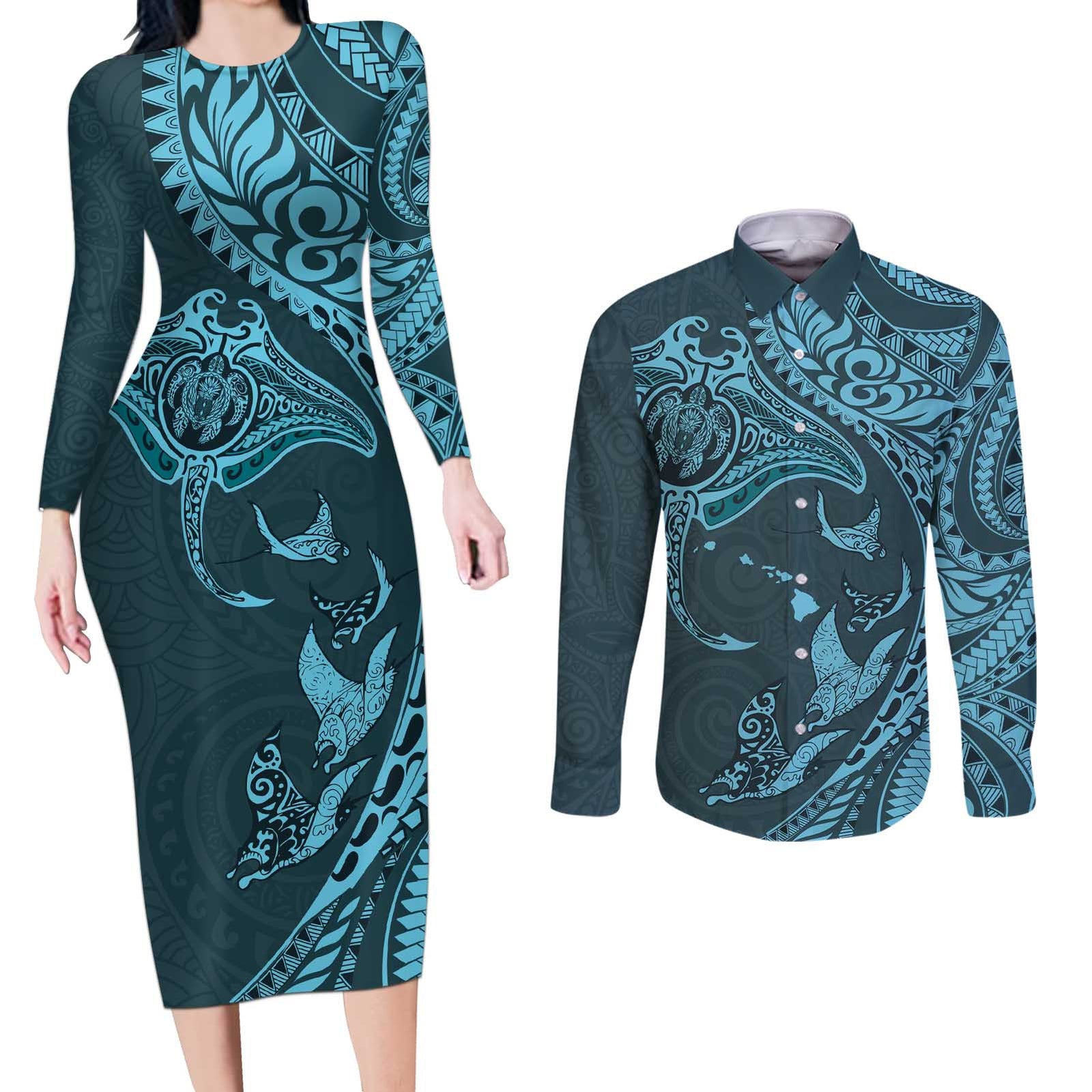 Hawaiian Manta Ray and Polynesian Tribal Tattoo Couples Matching Long Sleeve Bodycon Dress and Long Sleeve Button Shirt Turquoise Color LT03