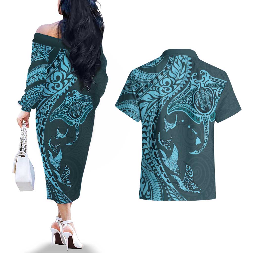 Hawaiian Manta Ray and Polynesian Tribal Tattoo Couples Matching Off The Shoulder Long Sleeve Dress and Hawaiian Shirt Turquoise Color LT03