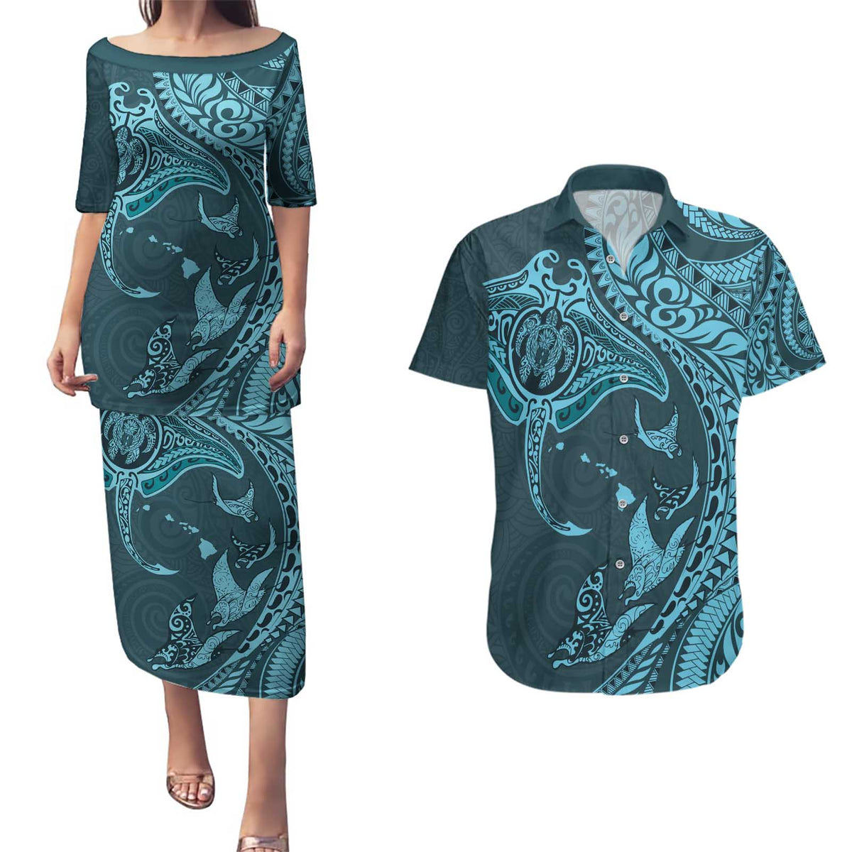 Hawaiian Manta Ray and Polynesian Tribal Tattoo Couples Matching Puletasi and Hawaiian Shirt Turquoise Color LT03 Turquoise - Polynesian Pride