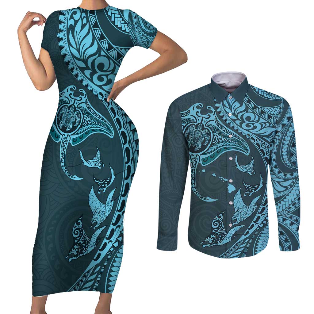 Hawaiian Manta Ray and Polynesian Tribal Tattoo Couples Matching Short Sleeve Bodycon Dress and Long Sleeve Button Shirt Turquoise Color LT03