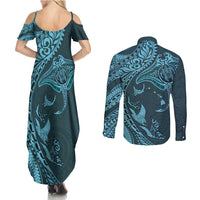 Hawaiian Manta Ray and Polynesian Tribal Tattoo Couples Matching Summer Maxi Dress and Long Sleeve Button Shirt Turquoise Color LT03