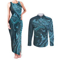 Hawaiian Manta Ray and Polynesian Tribal Tattoo Couples Matching Tank Maxi Dress and Long Sleeve Button Shirt Turquoise Color LT03