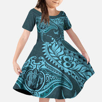 Hawaiian Manta Ray and Polynesian Tribal Tattoo Family Matching Long Sleeve Bodycon Dress and Hawaiian Shirt Turquoise Color LT03