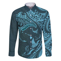 Hawaiian Manta Ray and Polynesian Tribal Tattoo Family Matching Long Sleeve Bodycon Dress and Hawaiian Shirt Turquoise Color LT03