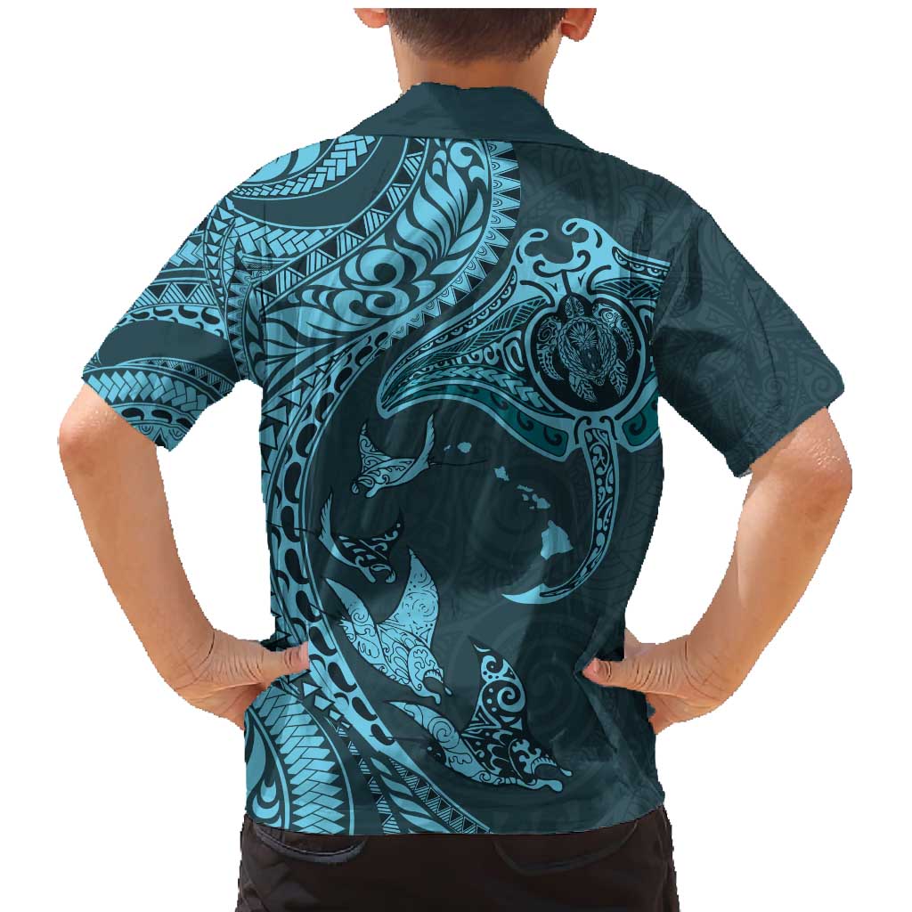 Hawaiian Manta Ray and Polynesian Tribal Tattoo Family Matching Mermaid Dress and Hawaiian Shirt Turquoise Color LT03