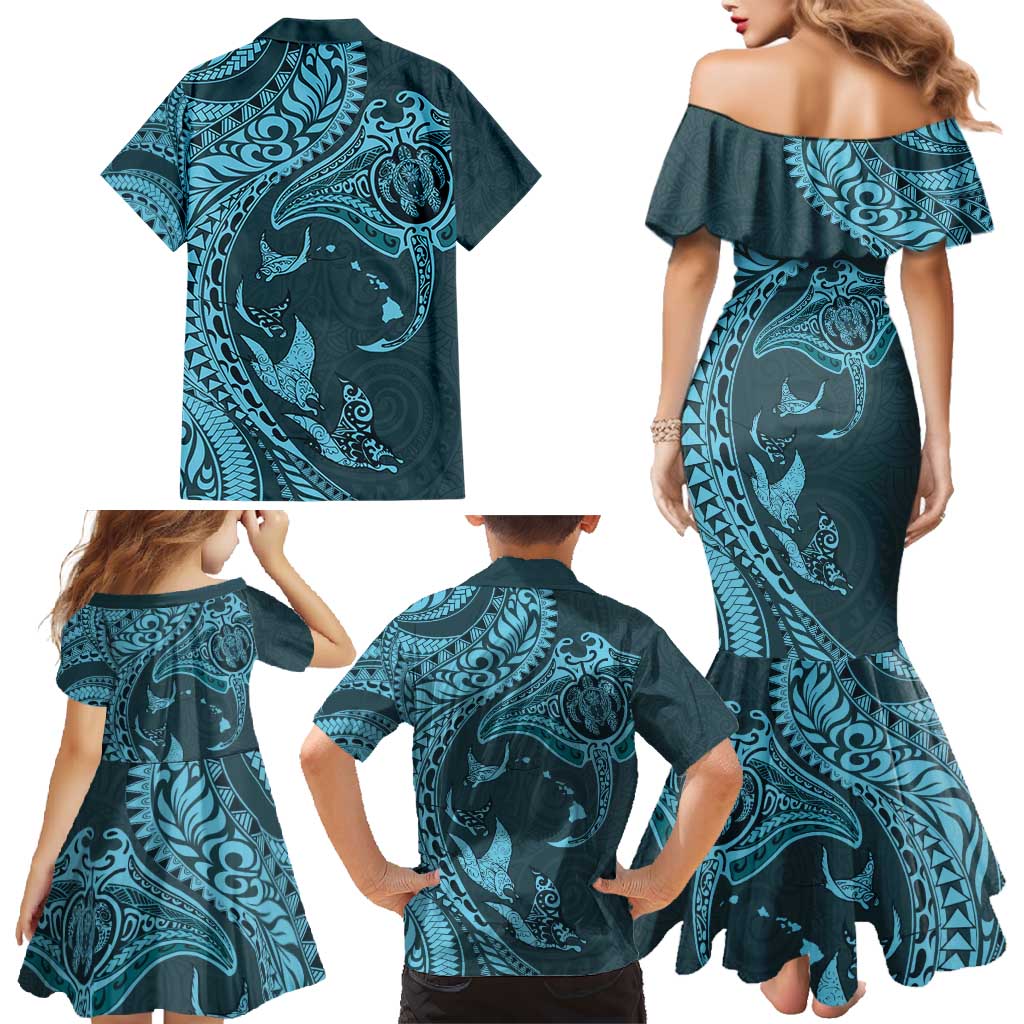 Hawaiian Manta Ray and Polynesian Tribal Tattoo Family Matching Mermaid Dress and Hawaiian Shirt Turquoise Color LT03