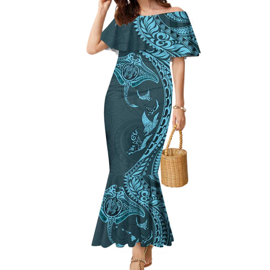 Hawaiian Manta Ray and Polynesian Tribal Tattoo Family Matching Mermaid Dress and Hawaiian Shirt Turquoise Color LT03