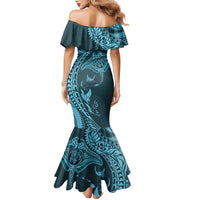 Hawaiian Manta Ray and Polynesian Tribal Tattoo Family Matching Mermaid Dress and Hawaiian Shirt Turquoise Color LT03