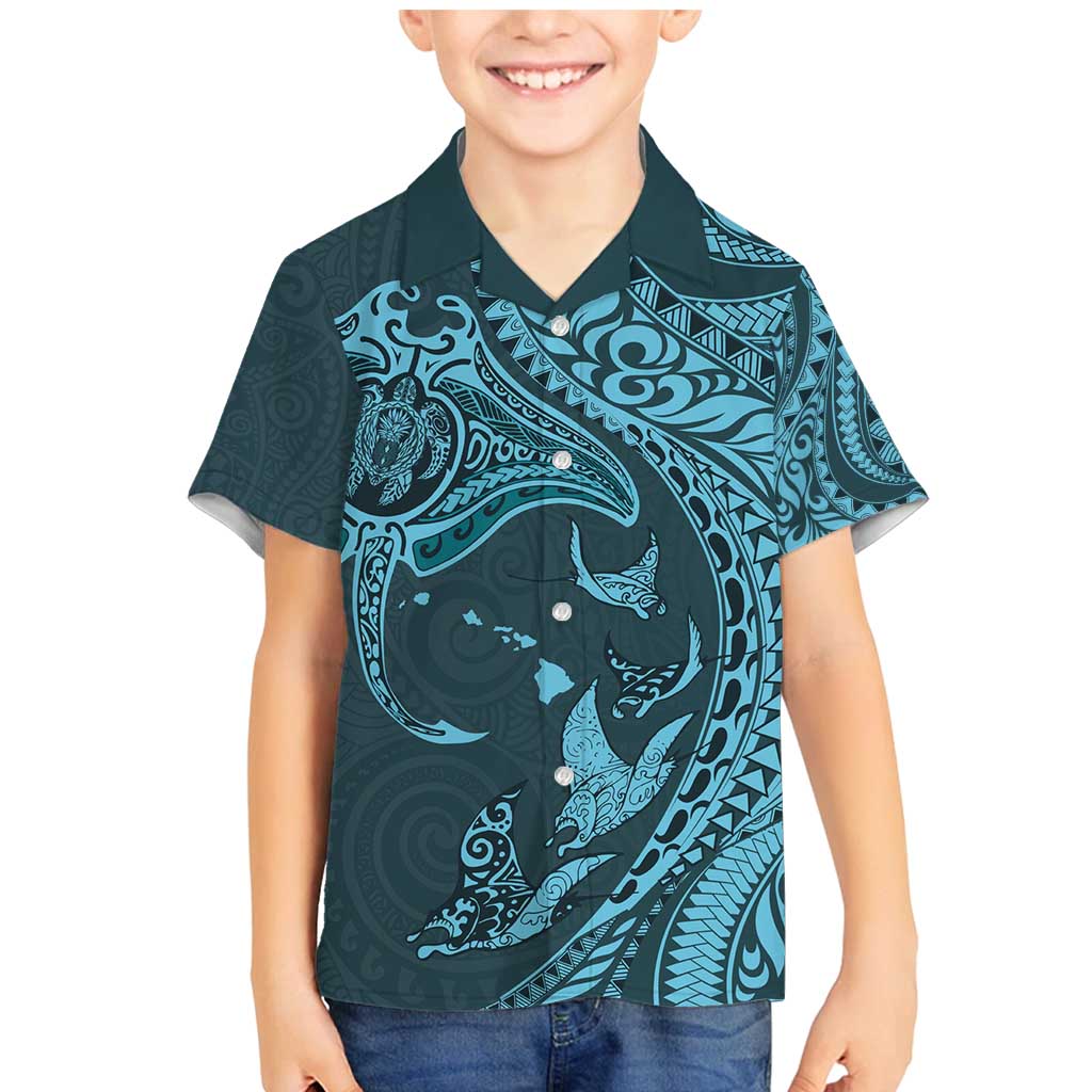 Hawaiian Manta Ray and Polynesian Tribal Tattoo Family Matching Mermaid Dress and Hawaiian Shirt Turquoise Color LT03