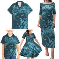 Hawaiian Manta Ray and Polynesian Tribal Tattoo Family Matching Puletasi and Hawaiian Shirt Turquoise Color LT03 - Polynesian Pride
