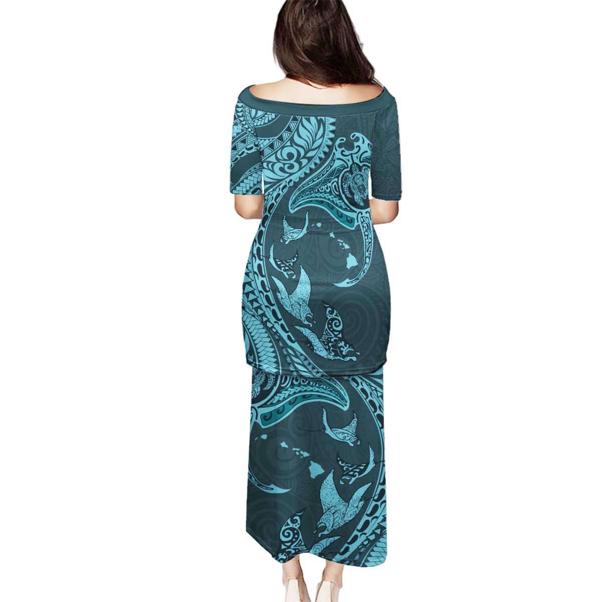 Hawaiian Manta Ray and Polynesian Tribal Tattoo Family Matching Puletasi and Hawaiian Shirt Turquoise Color LT03 - Polynesian Pride
