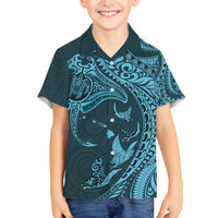 Hawaiian Manta Ray and Polynesian Tribal Tattoo Family Matching Puletasi and Hawaiian Shirt Turquoise Color LT03 Son's Shirt Turquoise - Polynesian Pride
