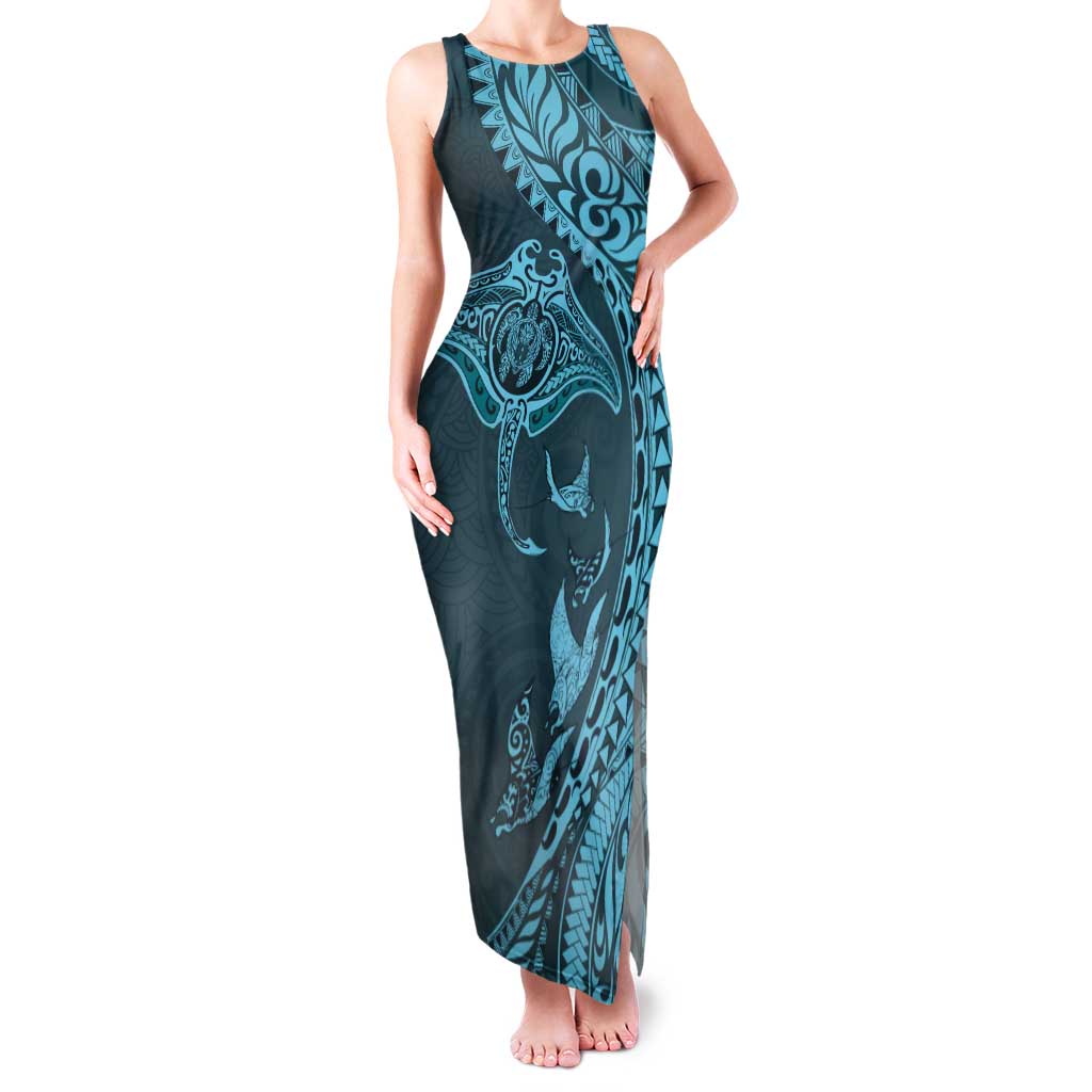 Hawaiian Manta Ray and Polynesian Tribal Tattoo Family Matching Tank Maxi Dress and Hawaiian Shirt Turquoise Color LT03