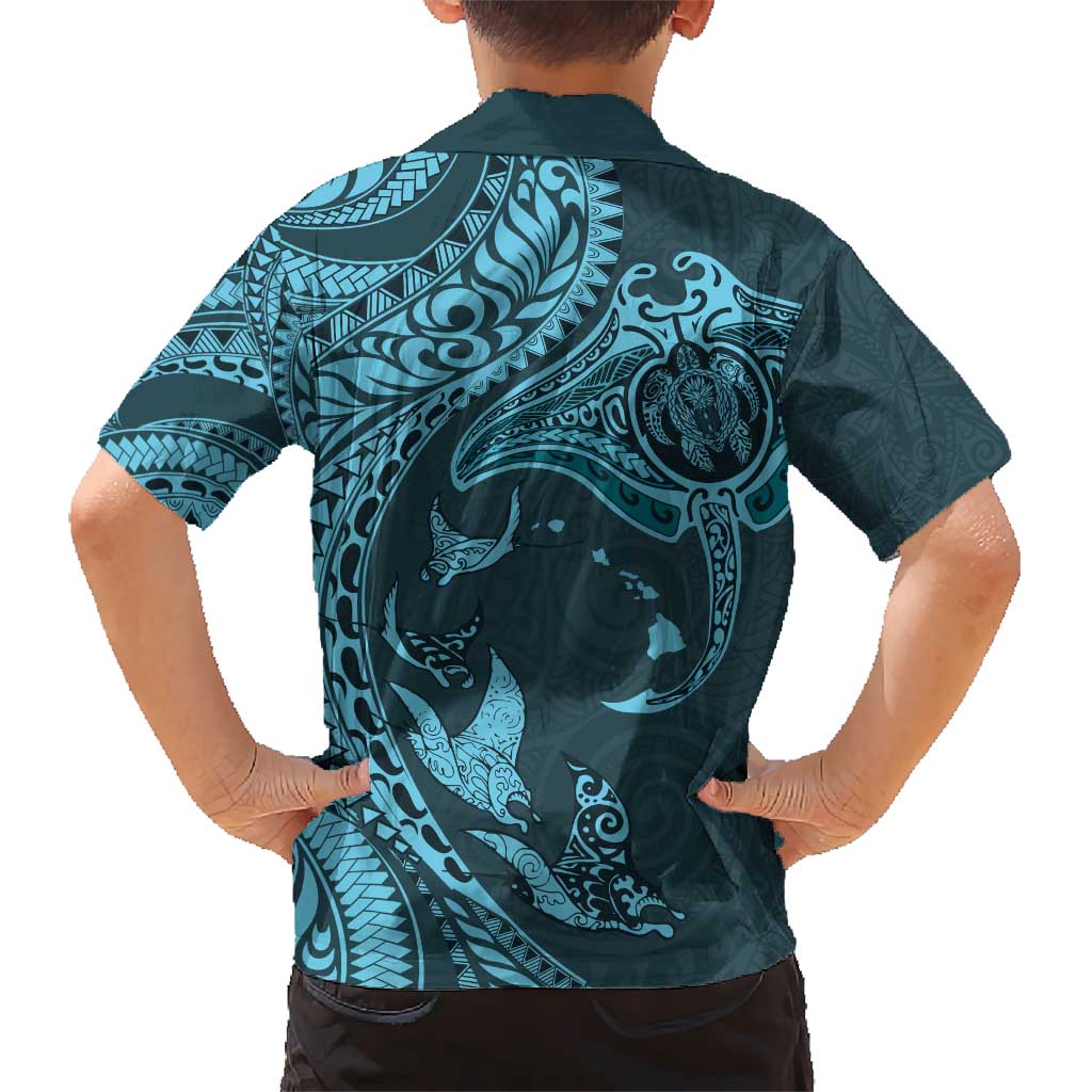 Hawaiian Manta Ray and Polynesian Tribal Tattoo Kid Hawaiian Shirt Turquoise Color LT03 - Polynesian Pride