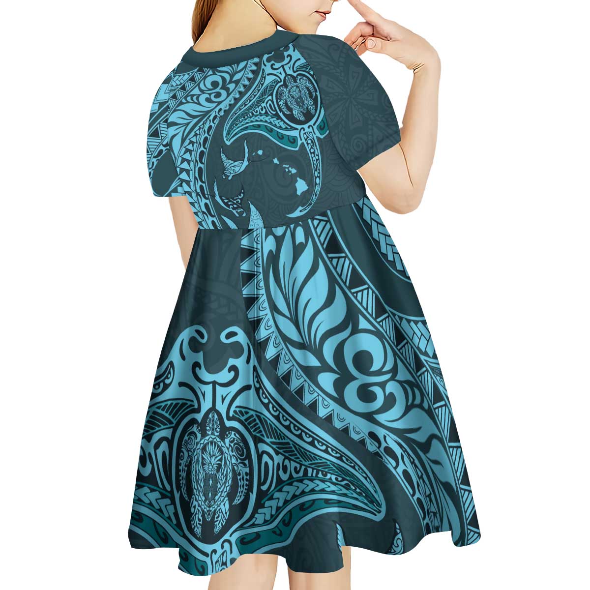 Hawaiian Manta Ray and Polynesian Tribal Tattoo Kid Short Sleeve Dress Turquoise Color LT03