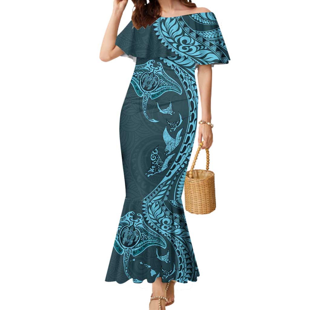 Hawaiian Manta Ray and Polynesian Tribal Tattoo Mermaid Dress Turquoise Color LT03