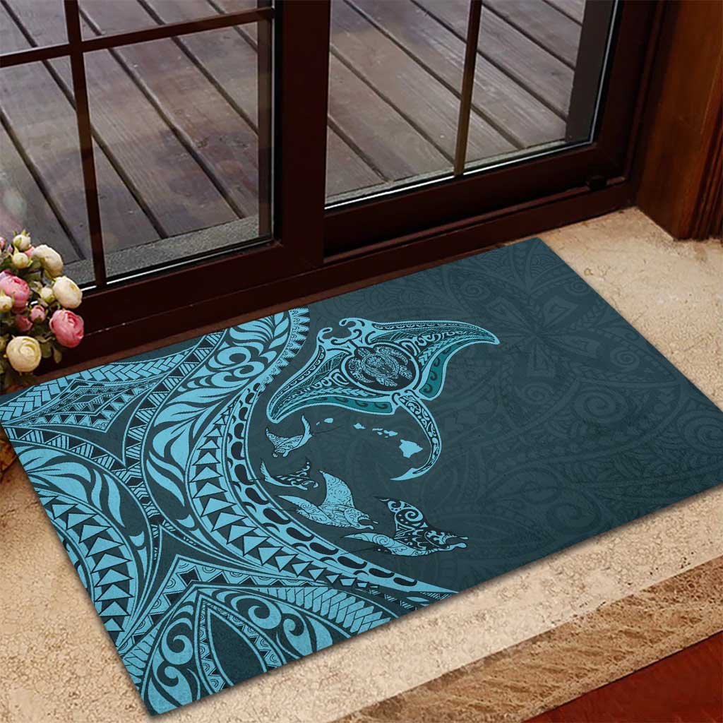 Hawaiian Manta Ray and Polynesian Tribal Tattoo Rubber Doormat Turquoise Color LT03