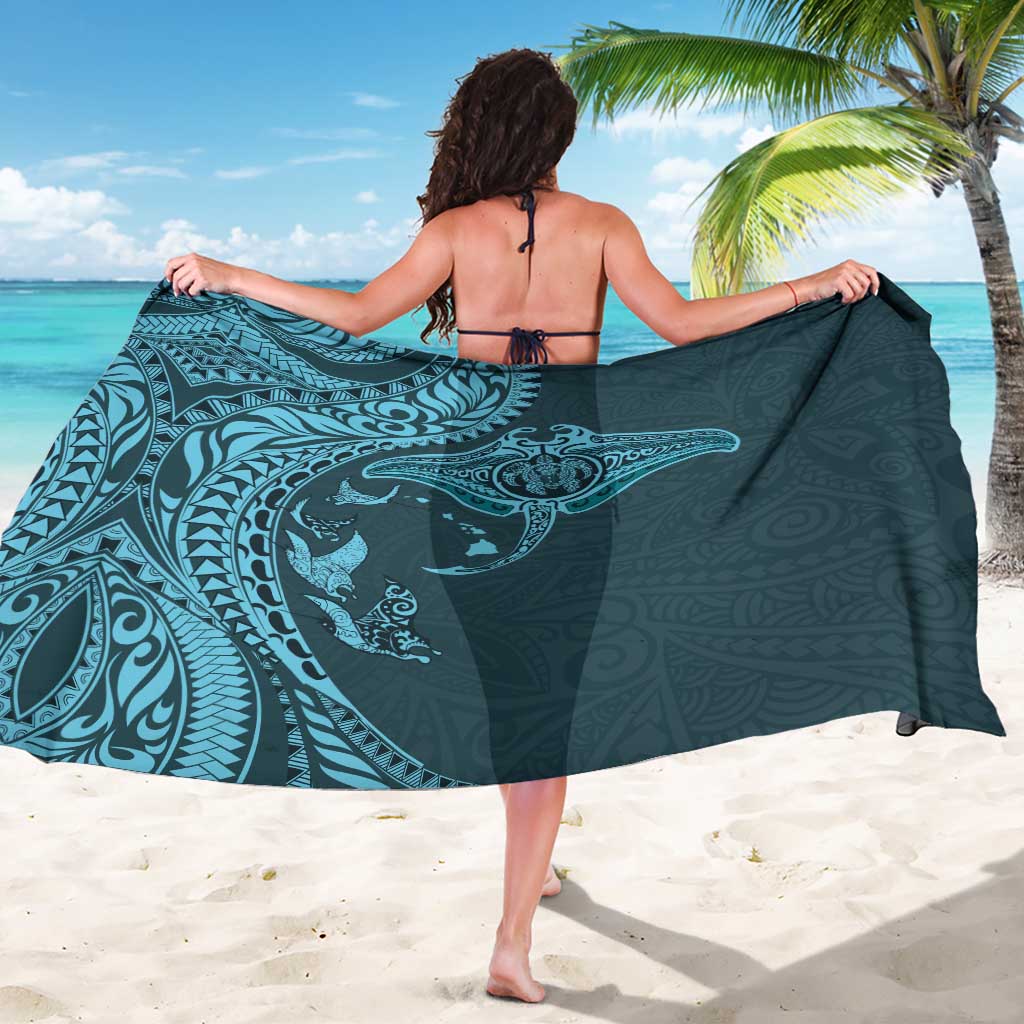 Hawaiian Manta Ray and Polynesian Tribal Tattoo Sarong Turquoise Color LT03