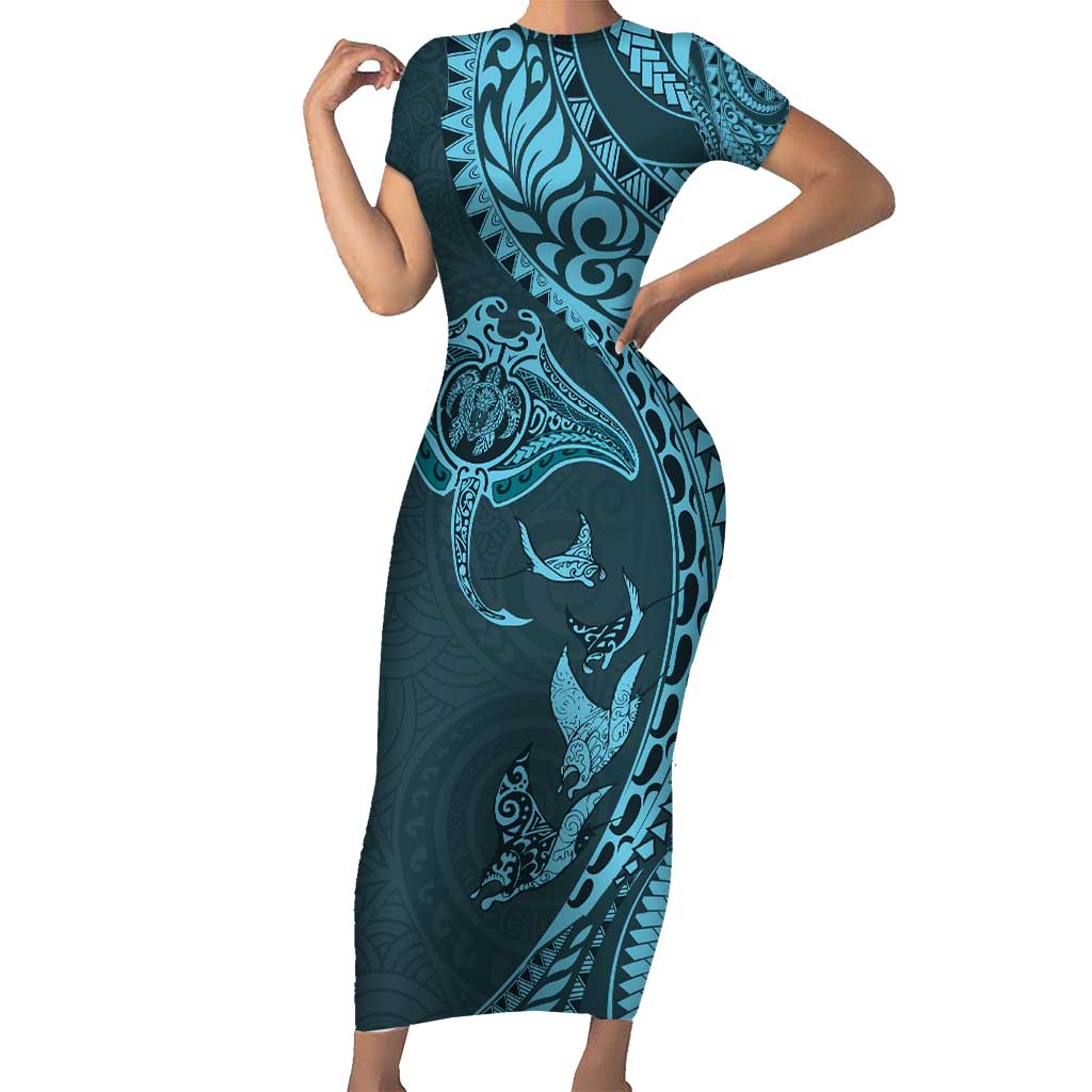 Hawaiian Manta Ray and Polynesian Tribal Tattoo Short Sleeve Bodycon Dress Turquoise Color LT03