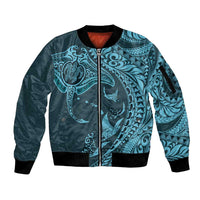 Hawaiian Manta Ray and Polynesian Tribal Tattoo Sleeve Zip Bomber Jacket Turquoise Color LT03