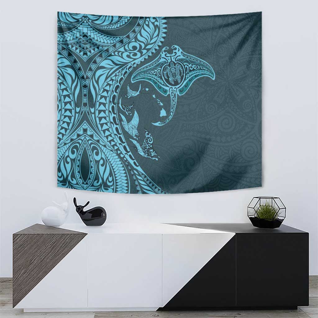 Hawaiian Manta Ray and Polynesian Tribal Tattoo Tapestry Turquoise Color LT03