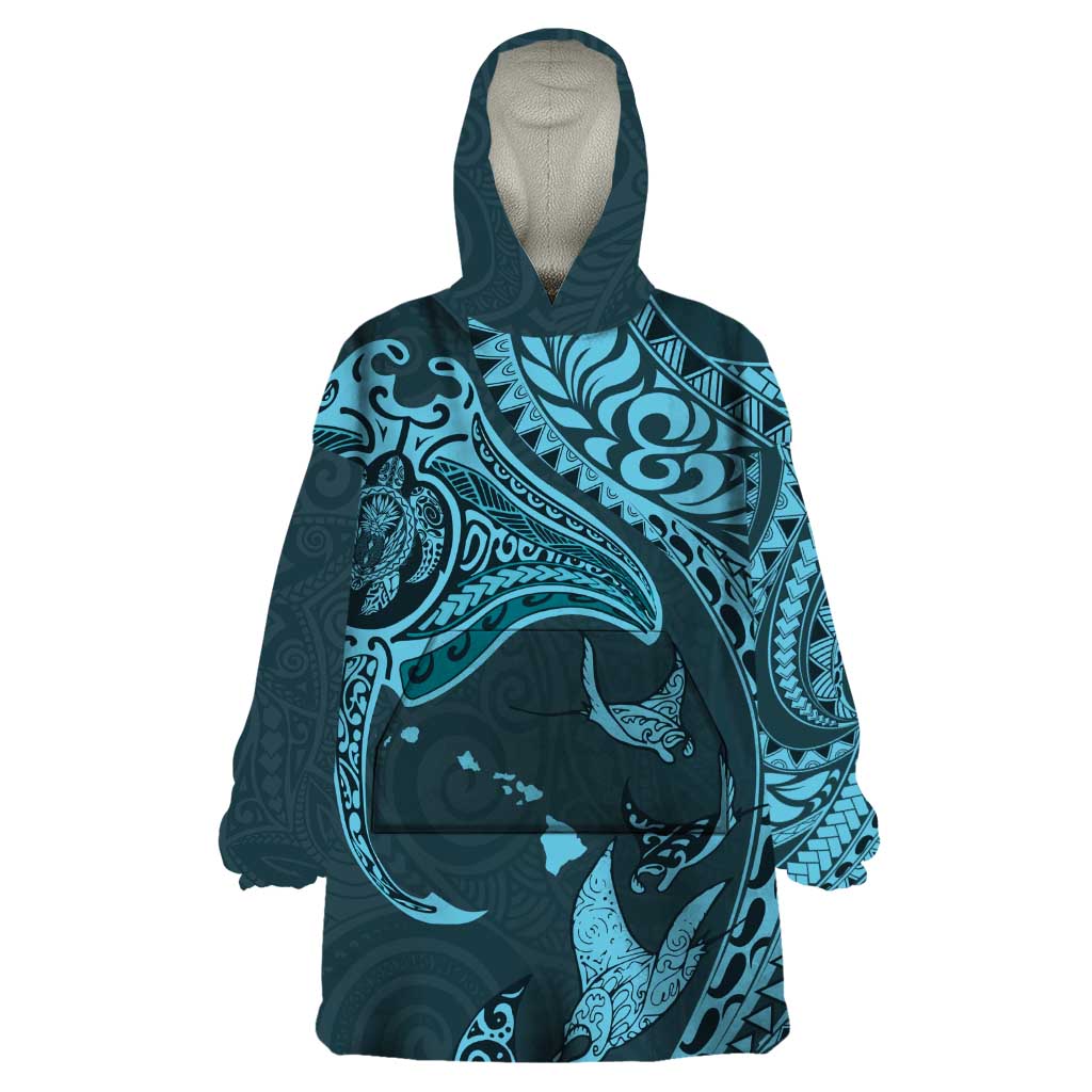 Hawaiian Manta Ray and Polynesian Tribal Tattoo Wearable Blanket Hoodie Turquoise Color LT03
