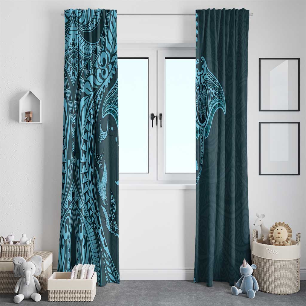 Hawaiian Manta Ray and Polynesian Tribal Tattoo Window Curtain Turquoise Color LT03
