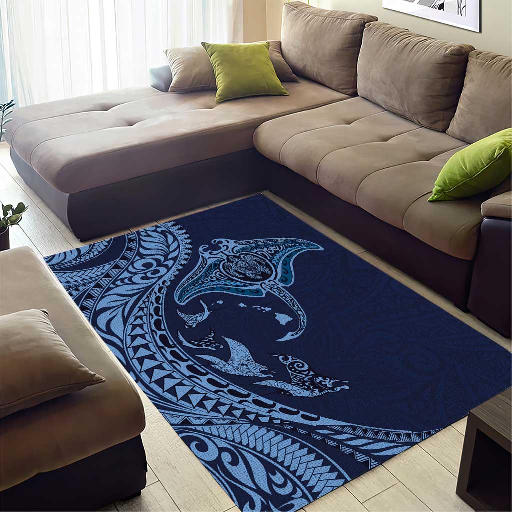 Hawaiian Manta Ray and Polynesian Tribal Tattoo Area Rug Dark Navy Color LT03