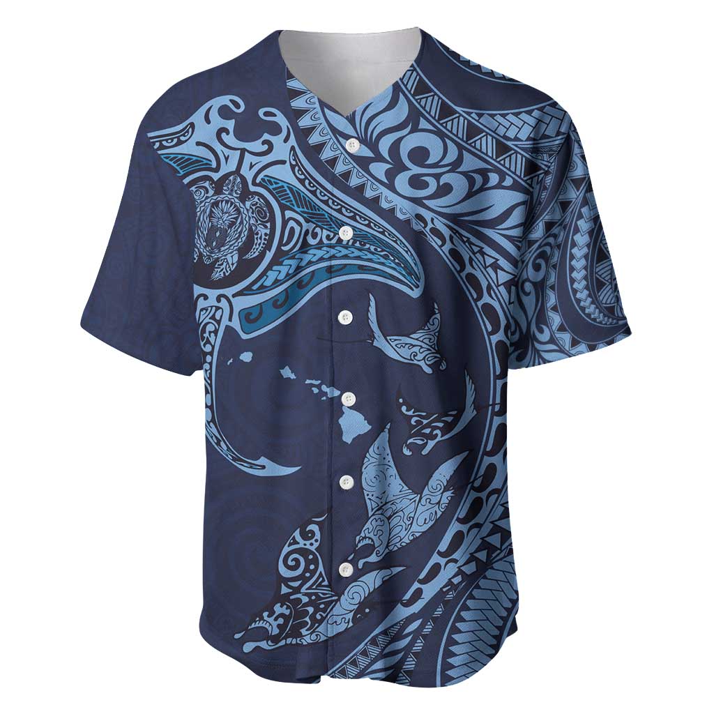 Hawaiian Manta Ray and Polynesian Tribal Tattoo Baseball Jersey Dark Navy Color LT03 Dark Navy - Polynesian Pride