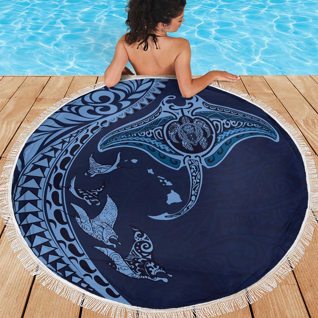 Hawaiian Manta Ray and Polynesian Tribal Tattoo Beach Blanket Dark Navy Color LT03