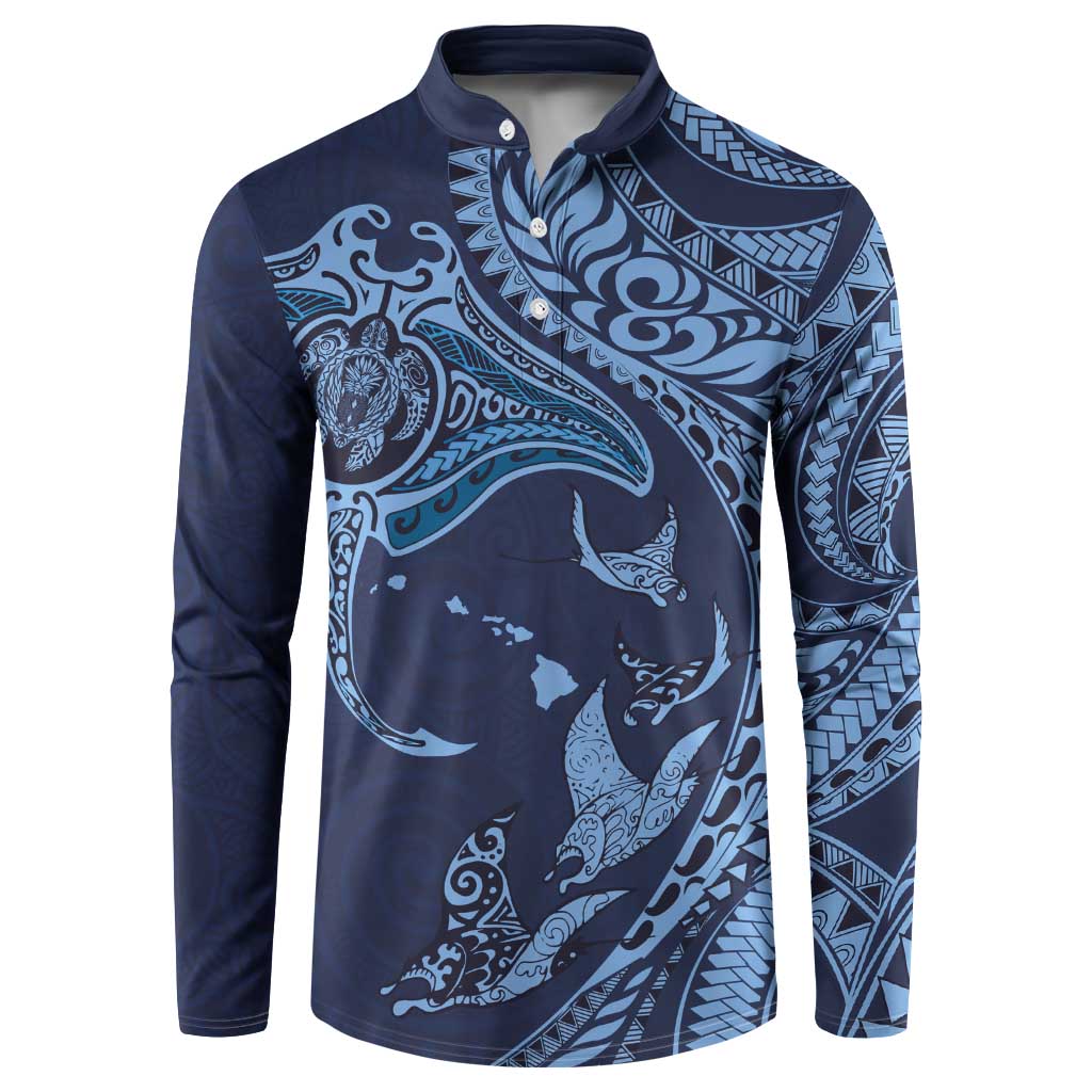 Hawaiian Manta Ray and Polynesian Tribal Tattoo Button Sweatshirt Dark Navy Color LT03 Dark Navy - Polynesian Pride