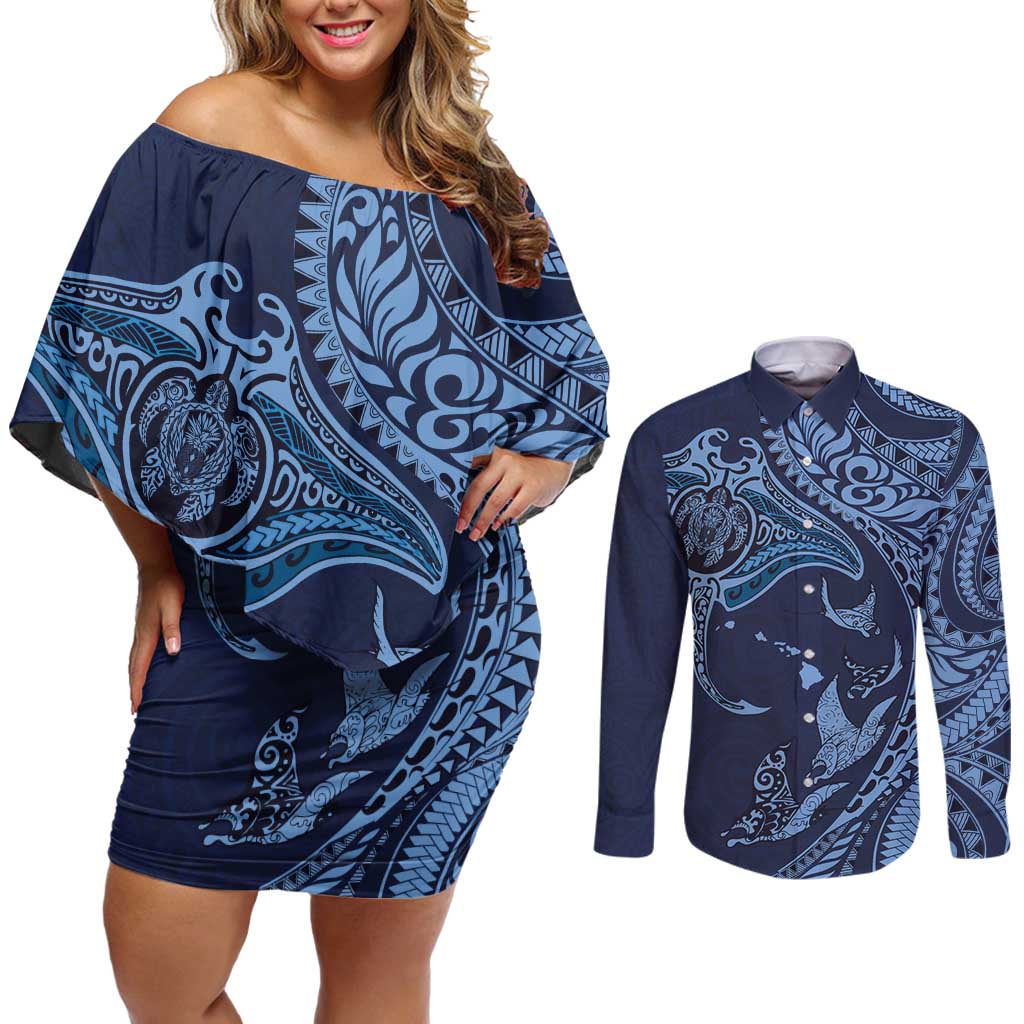 Hawaiian Manta Ray and Polynesian Tribal Tattoo Couples Matching Off Shoulder Short Dress and Long Sleeve Button Shirt Dark Navy Color LT03