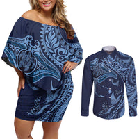 Hawaiian Manta Ray and Polynesian Tribal Tattoo Couples Matching Off Shoulder Short Dress and Long Sleeve Button Shirt Dark Navy Color LT03