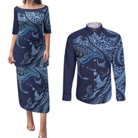 Hawaiian Manta Ray and Polynesian Tribal Tattoo Couples Matching Puletasi and Long Sleeve Button Shirt Dark Navy Color LT03