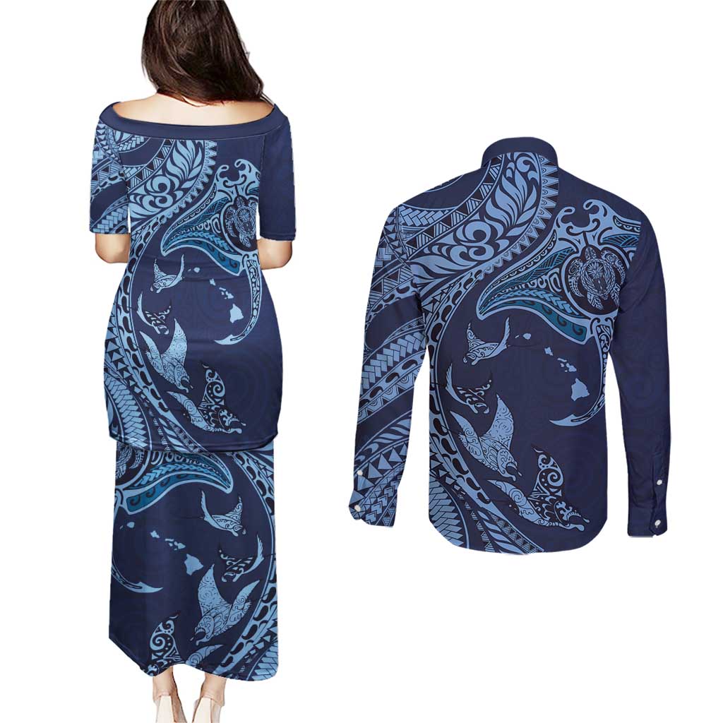 Hawaiian Manta Ray and Polynesian Tribal Tattoo Couples Matching Puletasi and Long Sleeve Button Shirt Dark Navy Color LT03