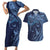 Hawaiian Manta Ray and Polynesian Tribal Tattoo Couples Matching Short Sleeve Bodycon Dress and Hawaiian Shirt Dark Navy Color LT03