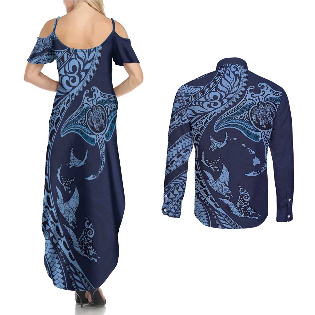 Hawaiian Manta Ray and Polynesian Tribal Tattoo Couples Matching Summer Maxi Dress and Long Sleeve Button Shirt Dark Navy Color LT03