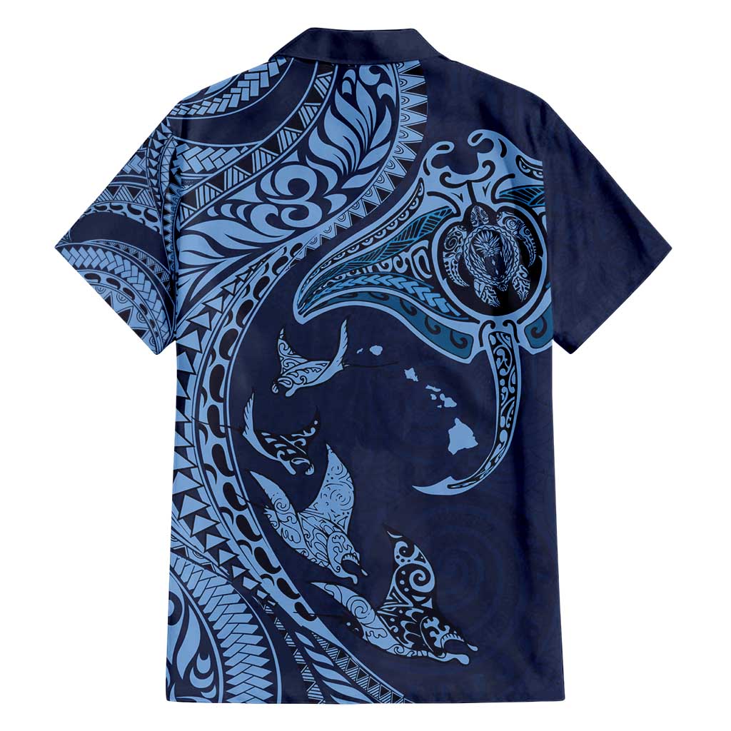 Hawaiian Manta Ray and Polynesian Tribal Tattoo Family Matching Long Sleeve Bodycon Dress and Hawaiian Shirt Dark Navy Color LT03