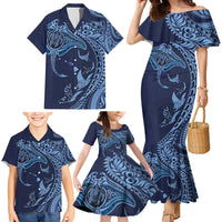 Hawaiian Manta Ray and Polynesian Tribal Tattoo Family Matching Mermaid Dress and Hawaiian Shirt Dark Navy Color LT03