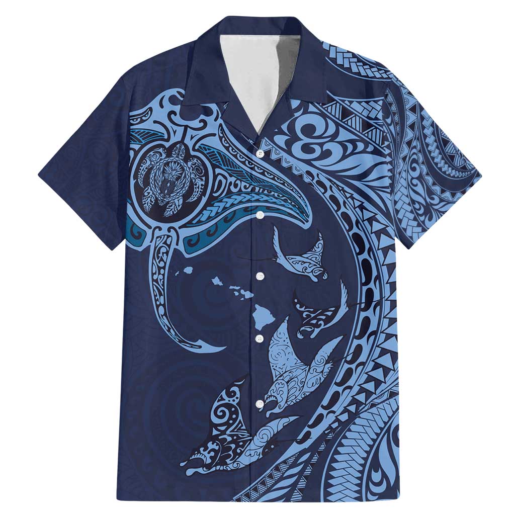 Hawaiian Manta Ray and Polynesian Tribal Tattoo Family Matching Mermaid Dress and Hawaiian Shirt Dark Navy Color LT03