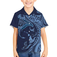 Hawaiian Manta Ray and Polynesian Tribal Tattoo Family Matching Off Shoulder Short Dress and Hawaiian Shirt Dark Navy Color LT03